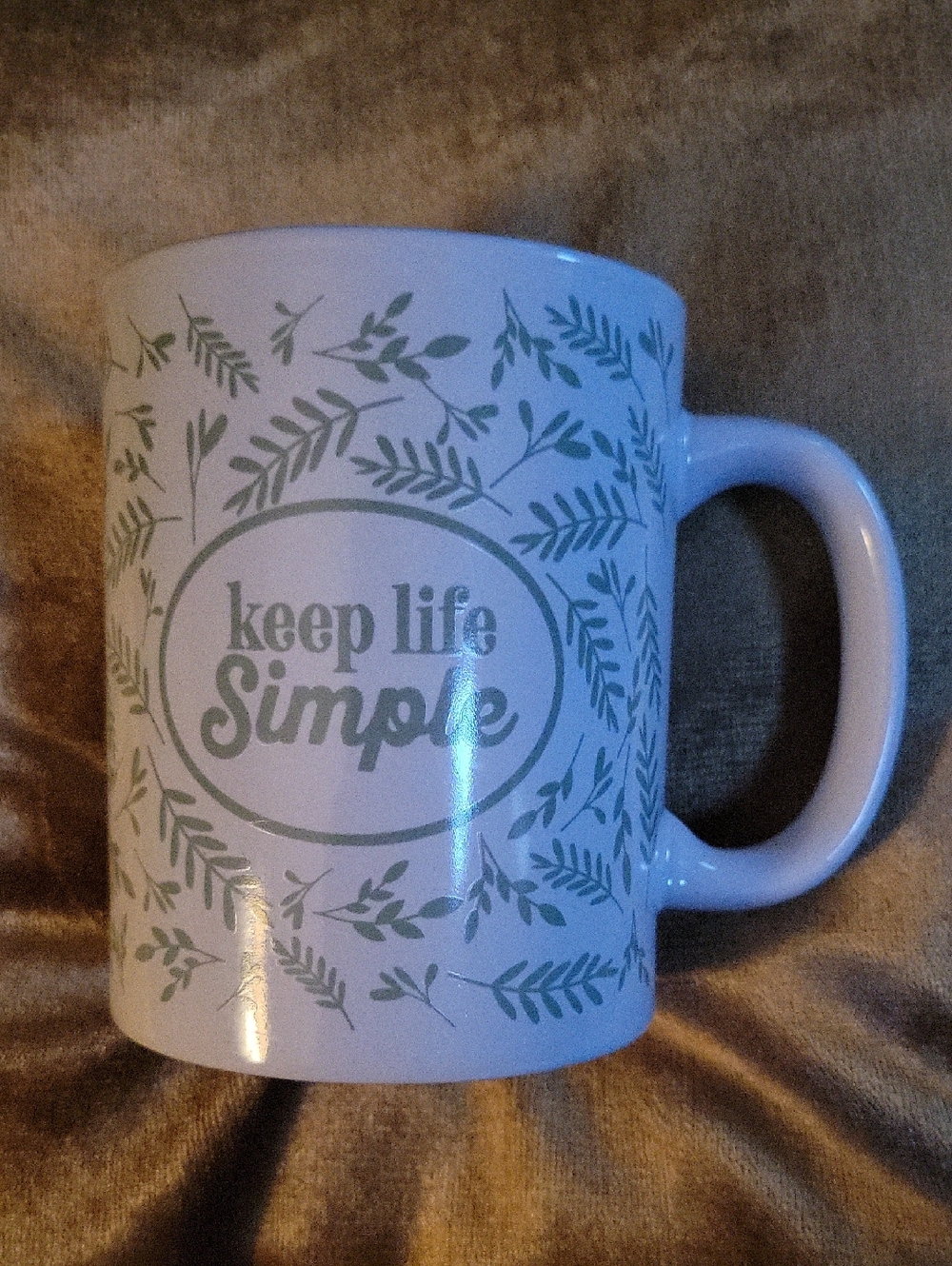 Keep Life Simple White Ceramic Coffee Mug with Sage Leaf Design